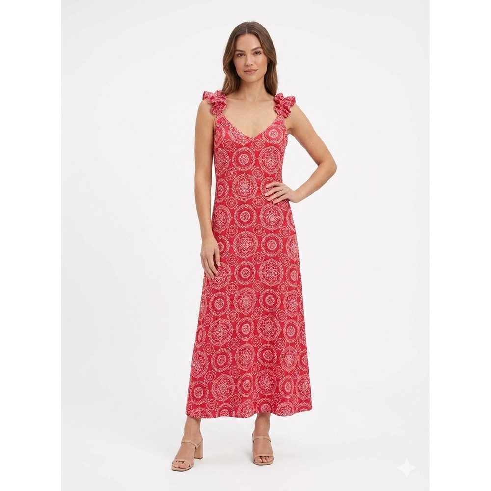 Vince Camuto Red White Medallion Print Ruffle Strap Maxi Dress Womens XS New